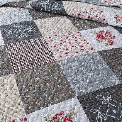 HoneiLife Queen Size Quilt Set - 3 Pieces - Grey Border Microfiber Bedding Set - Lightweight, Reversible Coverlets, Floral Bedding - All Season Quilts