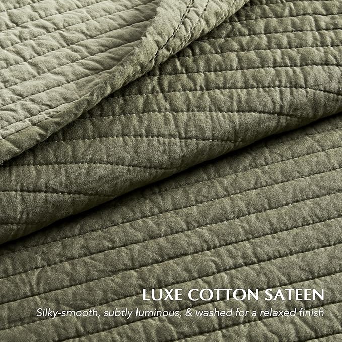 EVERGRACEHOME Cotton Sateen Quilt Set Queen Size, Pre-Washed Cotton Channel Stitch Coverlet Bedspread, 3 Pieces Lightweight Soft Bedding Sets for All Season, with 2 Pillow Shams, Olive Green