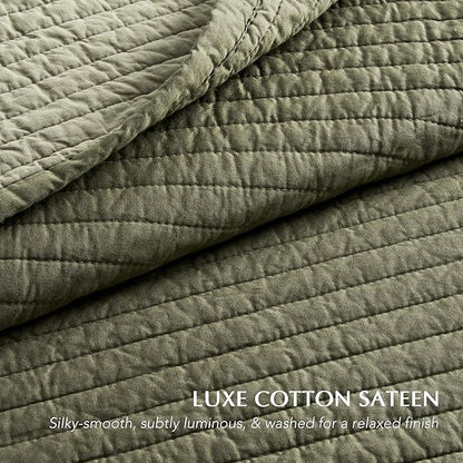 EVERGRACEHOME Cotton Sateen Quilt Set Queen Size, Pre-Washed Cotton Channel Stitch Coverlet Bedspread, 3 Pieces Lightweight Soft Bedding Sets for All Season, with 2 Pillow Shams, Olive Green