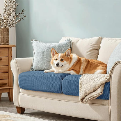 CHUN YI 2Piece Stretch Couch Cushion Covers, Sofa Seat Slipcovers for Pets, Suitable for Armchair Loveseat Sofa with Spandex Jacquard Washable Fabric (2Piece,Denim Blue)