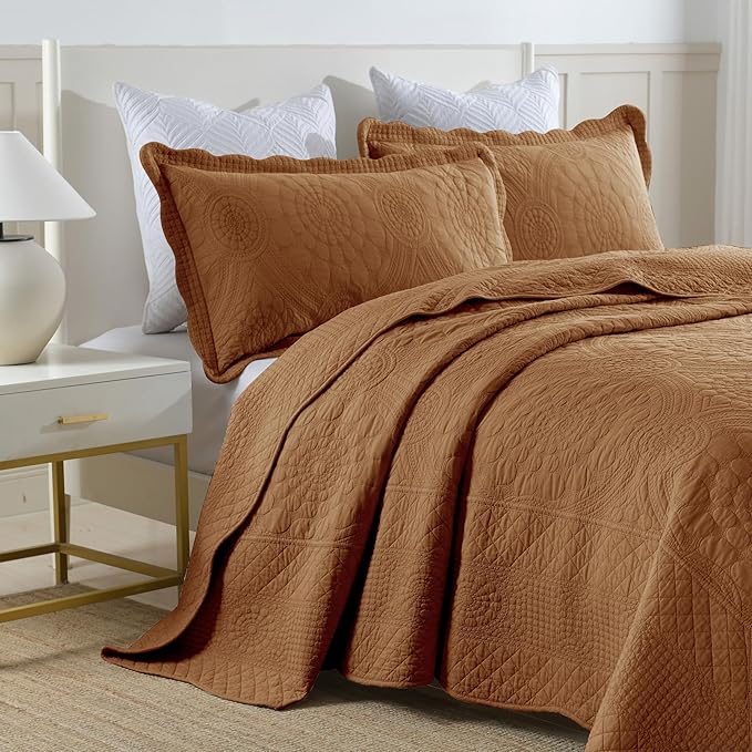 MarCielo 3-Piece 100% Cotton Oversized Bedspread Lightweight Quilt Coverlet Embroidery Farmhouse Bedding Set (Tf Dusty Orange, Oversized King (118"x106"))