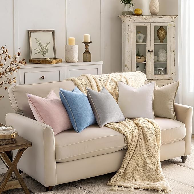 decorUhome Spring Chenille Soft Throw Pillow Covers 20x20 Set of 2, Farmhouse Velvet Neutral Decorative Pillow Covers with Stitched Edge for Couch Sofa Bed Home Decor, Beige