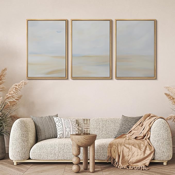 MUDECOR Framed Wall Art Print Set Minimalist Coastal Horizon in Soft Blue and Sand Colors Illustrations Modern Art Boho Decorative Chic for Living Room, Bedroom, Office - 24"x36"x3 Natural