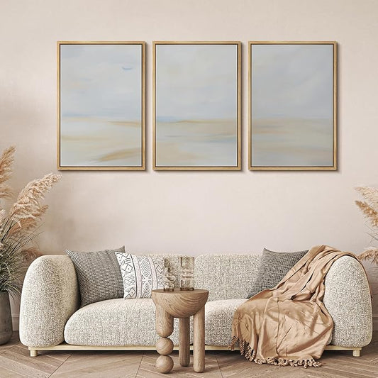 MUDECOR Framed Wall Art Print Set Minimalist Coastal Horizon in Soft Blue and Sand Colors Illustrations Modern Art Boho Decorative Chic for Living Room, Bedroom, Office - 16"x24"x3 Natural
