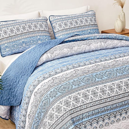 WONGS BEDDING Boho King Quilt Set, Light Blue Bohemian King Quilt Bedding Set, Lightweight Microfiber Bed Decor Bedspread for All Season 104"x90"(3 Pieces)