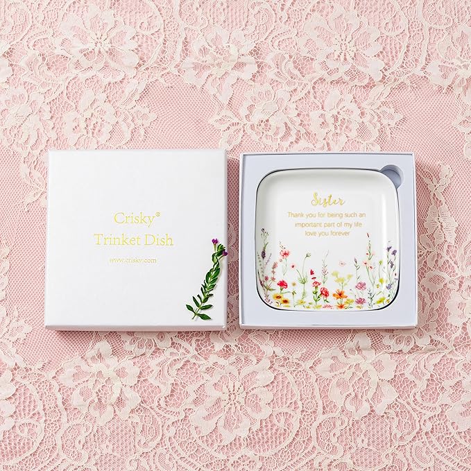 Crisky Jewelry Ring Dish for Sister Birthday Gifts, Thinking of You Gift for Sister Thanksgiving Day Christmas Graduation Gift Ideas (Love You Forever) Floral Thrinket Tray