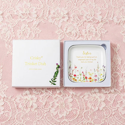 Crisky Jewelry Ring Dish for Sister Birthday Gifts, Thinking of You Gift for Sister Thanksgiving Day Christmas Graduation Gift Ideas (Love You Forever) Floral Thrinket Tray