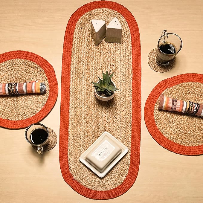 CHARDIN HOME Verona Oval Woven Jute & Cotton Braided Table Runner, Size -13 x 36 Inches, Color - Natural Jute with Rust Orange Border Thanksgiving Table Decor