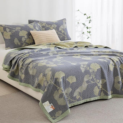100% Cotton Muslin Jacquard 3 Piece Quilt Set Floral Ginkgo Leaf Print, Soft 3 Layers Gauze Bed Cover Reversible Bedspread Coverlet Breathable Lightweight Bedding Set, King
