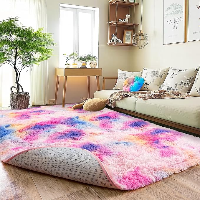 Super Fluffy Rug for Bedroom, 4x6 Shag Fuzzy Area Rug for Living Room Bedroom, Plush Soft Carpet for Girls Boys Kids, Non Slip Throw Rugs for Dorm, Modern Home Decor Aesthetic, Dark Rainbow