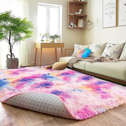 Super Fluffy Rug for Bedroom, 4x6 Shag Fuzzy Area Rug for Living Room Bedroom, Plush Soft Carpet for Girls Boys Kids, Non Slip Throw Rugs for Dorm, Modern Home Decor Aesthetic, Dark Rainbow