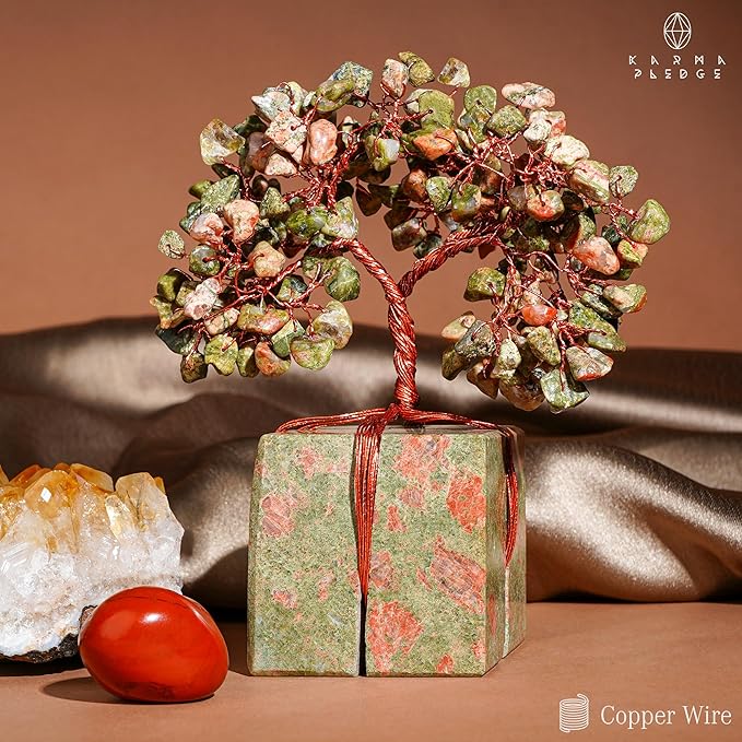 Crystal Tree for Birthday Gifts for Women, Handmade Raw Crystal Base Unakite Chakra Healing Crystal Tree of Life for Positive Energy, Money, Good Luck, Christmas Décor, Home and Office Decor