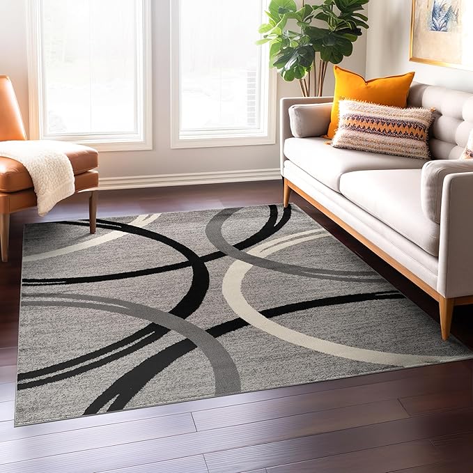 Rugshop Wavy Circles Design Square Rug, Non-Shedding Carpet for Living Room, Bedroom, or Dining Room, Gray, 6'6" x 6'6"