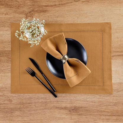Solino Home Linen Cloth Napkins Set of 4-100% Pure Linen Brown Sugar Dinner Napkins 20 x 20 Inch - Classic Hemstitch, Handcrafted and Machine Washable