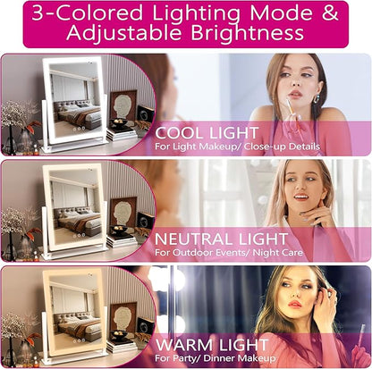 Hollywood Vanity Mirror with Lights, 17" L x 13" W LED Lighted Makeup Mirror, Dimmable & Three Color Lighting Modes, 10X Magnification Mirror, CRI>95% HD, 20W High Brightness (96 LED)