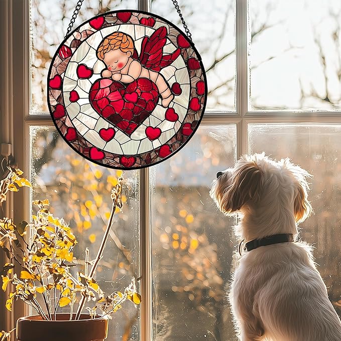 Stained Glass Window Hanging - Red Love Angel Sun Catcher for Door Garden Home Decor Cute Suncatcher Christmas Mother's Day Birthday for Women Men Mom Nana 9.8 in