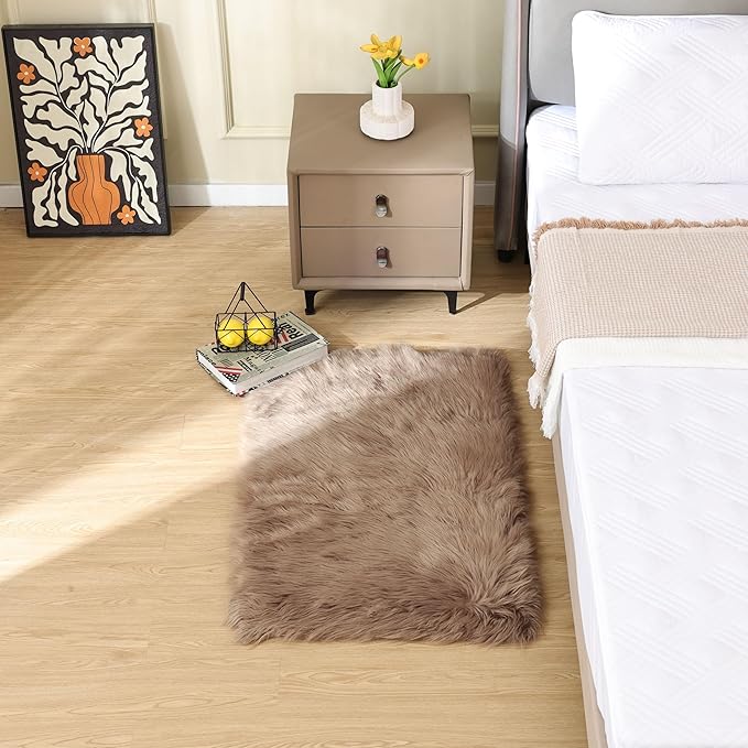 Beige Faux Sheepskin Fluffy Fur 2x3 Area Rugs for Bedroom Washable Shaggy Carpet Rug for Living Room Nursery Furry Rug Home Décor