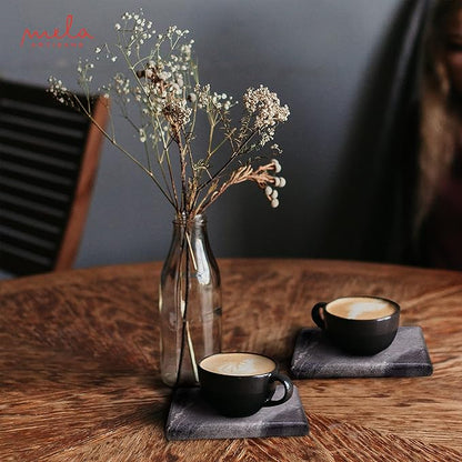 Mela Artisans Set of 4 Hand Crafted Marble Coasters - Sleek Black, Square | Coffee Table Decor | Absorbent Keeping Surfaces Dry & Safe | Ideal for Wine Glasses, Water Cups or Beer Mugs
