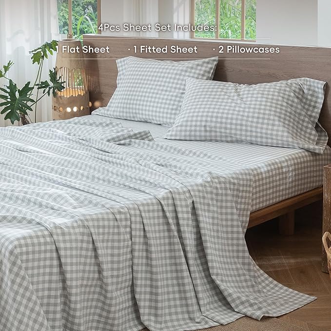 MooMee Gingham Sheet Set 100% Washed Cotton Linen Like Textured Breathable Soft w/Fully Elasticized 16-19" Deep Pocket (Classic Gingham Northern Droplet Grey, Queen)