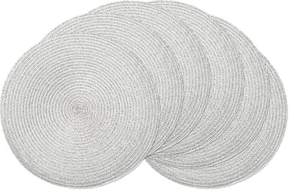 AHHFSMEI Round Braided Placemats 15 Inch Round Table Mats for Dining Tables Natural Woven Heat Resistant Place mats Set of 6 (Silver Shine)
