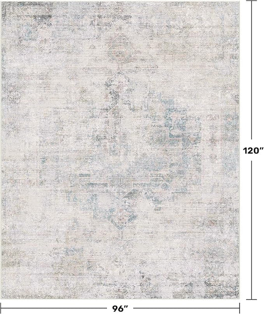 Farmhouse Dining Room Rugs for Under Table - 8x10 Washable Light Blue Area Rug for Living Room, Bedroom, Waterproof & Stain Resistance