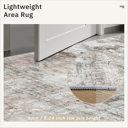 9x12 Area Rugs for Living Room, Non Slip Machine Washable Vintage Rugs, Low Pile Lightweight Large Rug for Bedroom, Dining Room, Home Office Grey Pink