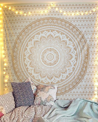 raajsee Glittering Gold Tapestry Wall Hanging Mandala- Indian Cotton Throw Hippie Tapestries - Boho Bedding White Golden Queen Bedspread 82x92 inches-Meditation Yoga Rugs Mats