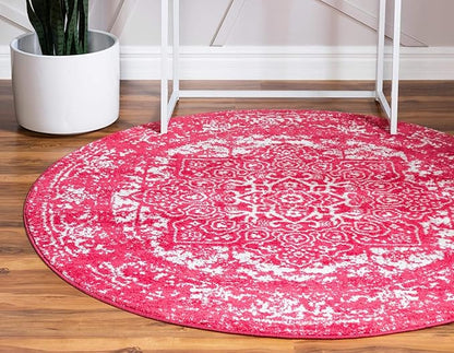 Rugs.com Arlington Collection Rug – 8 Ft Round Pink Medium-Pile Rug Perfect for Kitchens, Dining Rooms
