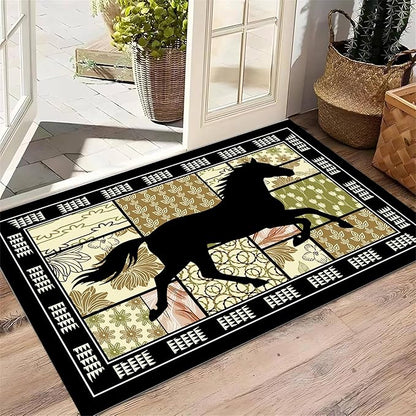 Boho Floral Area Rugs 5x8ft, Western Running Horse Rug, Botanical Print Low Pile Carpet, Non-Slip & Stain-Resistant Machine Washable Rug for Living Room, Bedroom, Dining Room