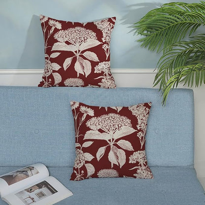 Burgundy Red Pillow Covers 18x18 Set of 2 Vintage Boho Herbs Botanical Floral HydrangeaThrow Pillows Outdoor Flower Decorative Pillow Cases Linen Farmhouse Cushion Case for Couch Sofa Decor