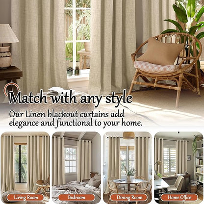 60 Inch Wide Linen Blackout Curtains for Bedroom 63 Inch Length 2 Panels, Total Black Out Thermal Insulated Energy Efficiency Grommet Boho Window Drapes White Liner for Modern Farmhouse, Burlap