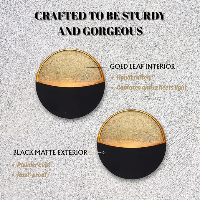 Black Wall Candle Holder Set of 2 with Gold Leaf Interior, Metal Wall Candle Sconces, Vintage Style Wall Decor for Living Room, Bedroom, and Dining Room