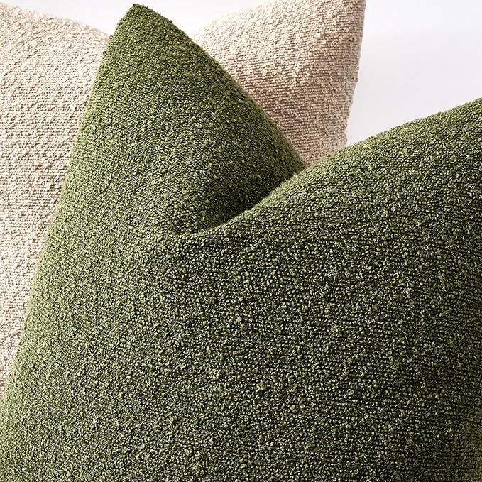 Boucle Decorative Throw Pillow Covers for Couch Set of 2, 22x22 inches, Olive