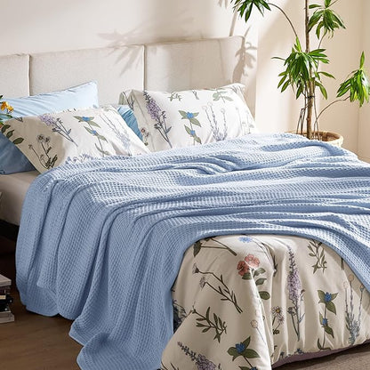 Bedsure Gentlesoft 100% Cotton Blanket Queen Size for Bed - Breathable and Soft, Thick Cozy Waffle Weave Christmas Blanket Gift for Women, Sky Blue, 90x90 Inches