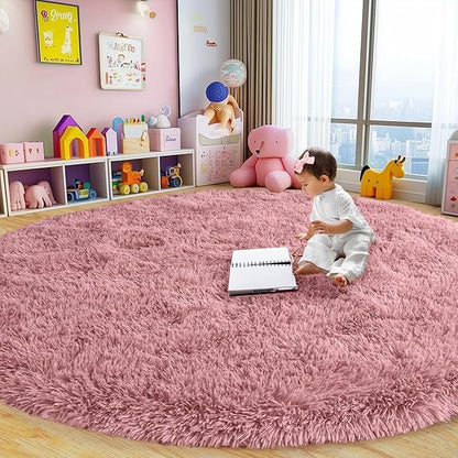 Round Fluffy Rugs 4Ft for Girls Bedroom, Blush Pink Shag Circle Kids Rug Non-Slip for Bedside Dorm Nursery Playroom, Soft Cute Area Rugs for Living Room Decor