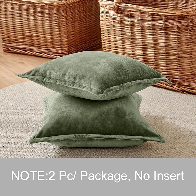 Velvet Pillow Covers 2 Pack Soft 26x26 Pillow Covers Solid Square Euro Shams Decorative Couch Pillow Cases with Wide Border for Sofa Bed Home Decor,Army Green