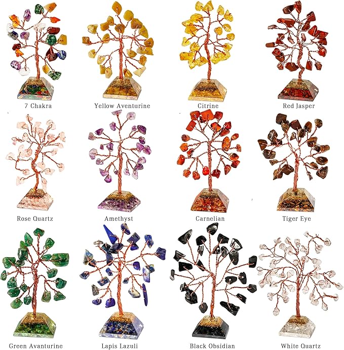 KARMAPLEDGE Set of 12 Crystal Tree of Life Gifts for Women, Seven Chakra Healing Crystals Brings Positive Energy, Good Luck, Money, Feng Shui Home & Office Desk Decor, for Dad