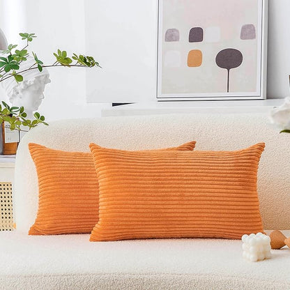Home Brilliant Orange Pillow Covers 12x20 Lumbar Throw Pillow Covers Rectangular Striped Corduroy Plush Thanksgiving Decorative Winter Pillow Cover for Couch, Set of 2, 12 x 20 inch, Orange