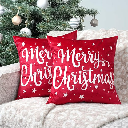 PAVILIA Holiday Throw Pillow Covers 20x20 Set of 2, Decorative Pillow Cases Bed Sofa Couch, Winter Accent Decor Cushion Bedroom Living Room, Velvet Square Euro Sham Covers, Merry Christmas Text Red