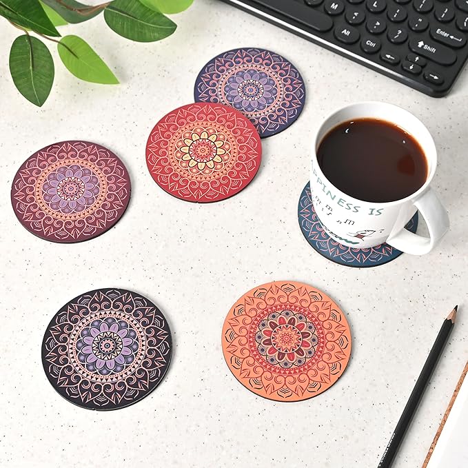 GKD Coaster Set of 6 Beautiful Wooden Coasters with Proper Coaster Stand Designer Set fit for Tea Cups, Coffee Mugs and Glasses (6 pc Round 3.5 x 3.5 inch) Multi Color