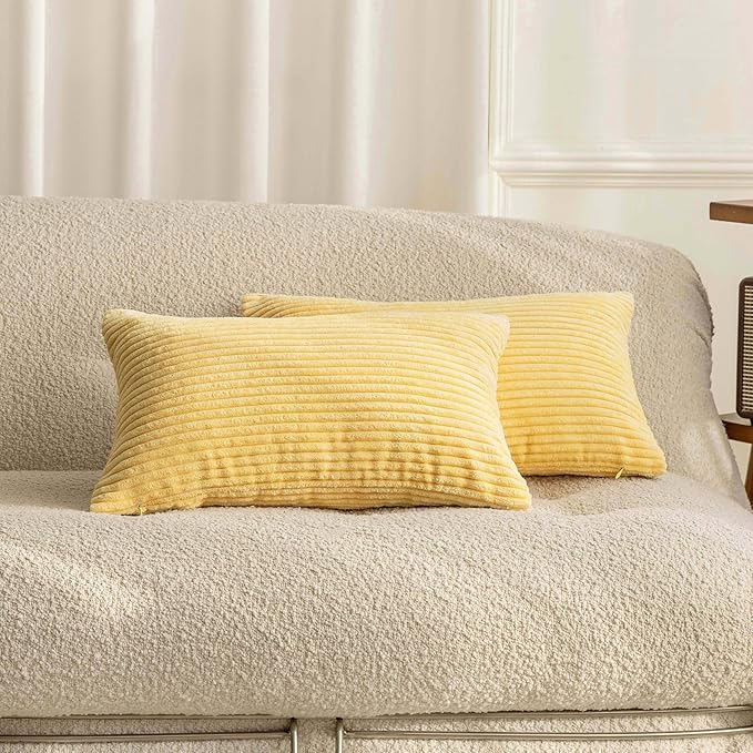 Home Brilliant Set of 2 12x20 Fall Pillow Covers Oblong Corduroy Rectangle Throw Pillow Case for Couch Chair Winter Decor Baby Toddler Lumbar Throw Pillow Covers, 12 x 20 inch, Light Yellow