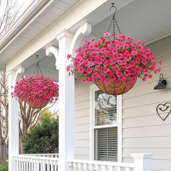 Artificial Fake Hanging Plants Flowers Basket Outdoors Outside Summer Decoration,Hanging Planters with Faux Silk Flowers Realistic UV Resistant for Home Indoor Porch Front Patio Balcony Garden Fuchsia