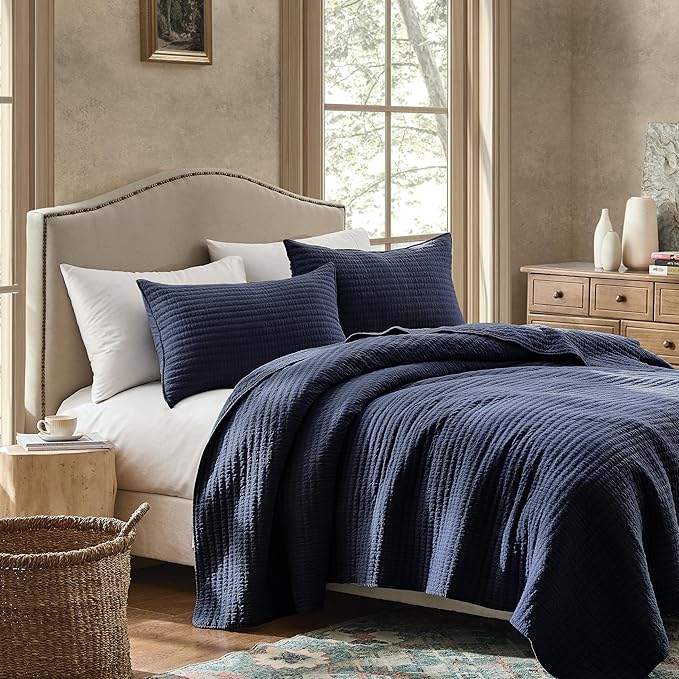 WDCOZY 100% Cotton Queen Size Quilt Set - Navy Blue Striped Pick Stitch Soft Lightweight Bedspread, Textured Like Linen, Farmhouse Country Rustic Coverlet, Shabby Chic Gauze Bedding, 3 Pieces
