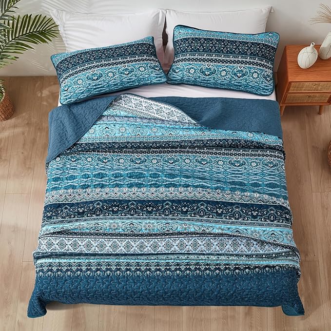 WONGS BEDDING Boho Quilt Set Full Size, Blue Bohemian Full Quilt Bedding Set, Lightweight Microfiber Bed Decor Bedspread with Pillow Shams for All Season 90"x78"(3 Pieces, Full)