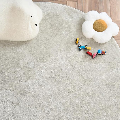 jinchan Solid Plush Round Rug 4ft Performance Shaggy Circle Rug 4' Round Washable Indoor Soft Modern Faux Wool Non Slip Carpet for Living Room Kids Room Bedroom Dining Room Ivory