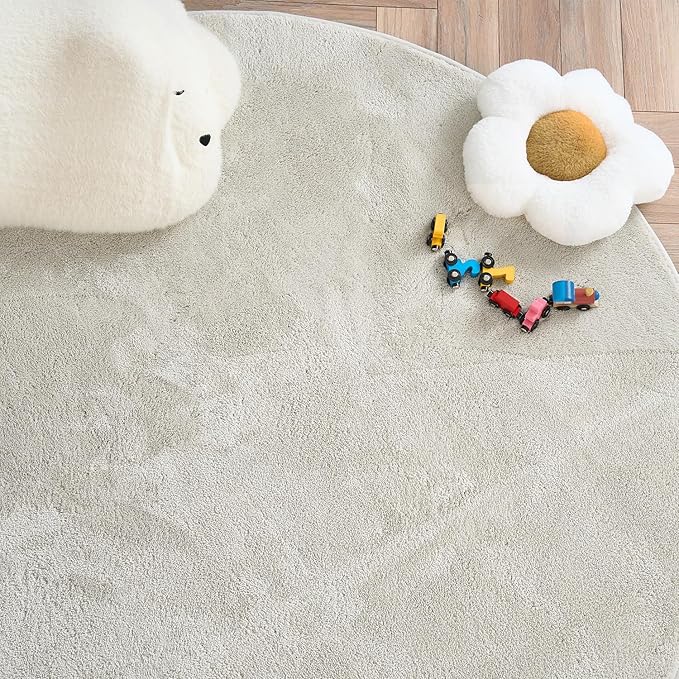 jinchan Solid Plush Round Rug 5ft Performance Shaggy Circle Rug 5' Round Washable Indoor Soft Modern Faux Wool Non Slip Carpet for Living Room Kids Room Bedroom Dining Room Ivory
