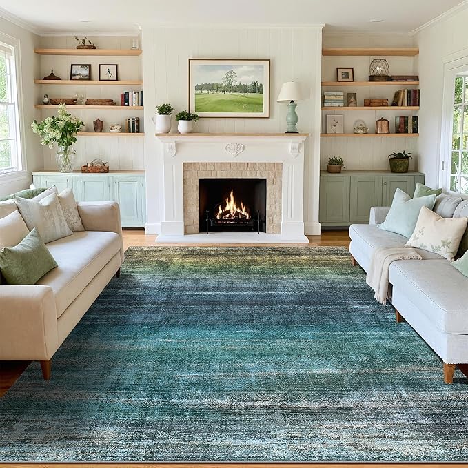 Kokia Abstract Area Rugs 10x14 Bedroom Washable Decor Low Pile Non-Slip Non-Shedding Indoor Blue Carpet Foldable Stain Resistant Floor Living Room Dining Room, Oslo Teal Amber