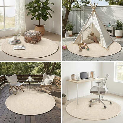 Hausattire Jute Braided Rug, 5’ Round – Off White, Reversible Boho Entry Area Rugs for Kitchen, Living Room, Bedroom I Farmhouse Hand Woven Decorative Floor Carpet Mat, 5 Feet Round