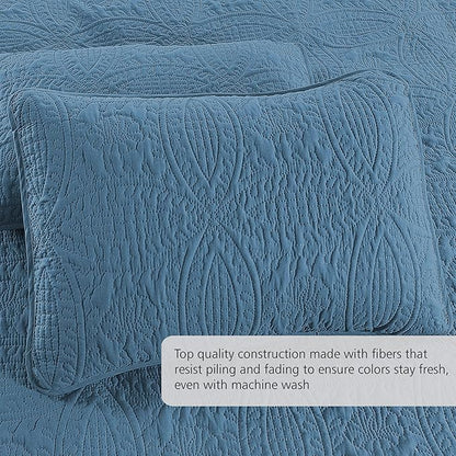 Quilt Set King/Cal King/California King Size Ash Blue - Oversized Bedspread - Soft Microfiber Lightweight Coverlet for All Season - 3 Piece Includes 1 Quilt and 2 Shams, Geometric Pattern