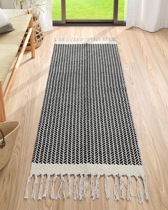 Lahome Boho Rugs for Entryway, 2x5 Laundry Room Rug Lightweigh Cotton Washable Runner Rug with Tassels, Farmhouse Black Bath Door Mats Indoor Non Shedding Runners for Hallways Bedroom